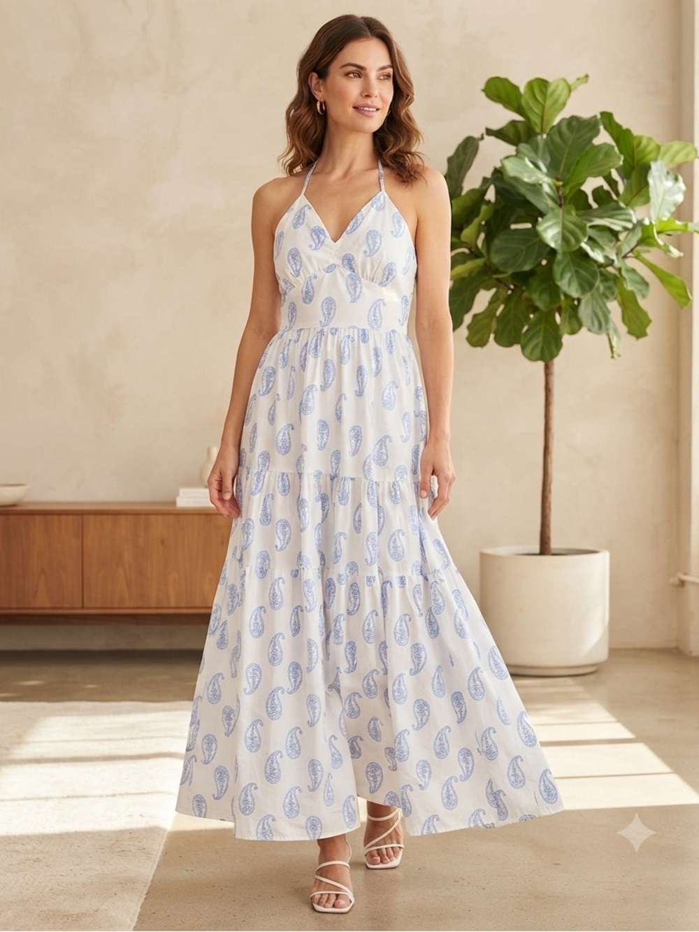 Universal Thread White Maxi Dress with Light Blue Paisley Print